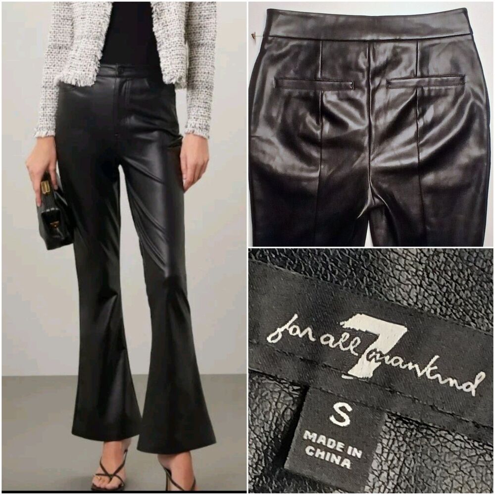 7 For All Mankind Sz S Faux Leather Pants Black Flare Leg High Rise Y2K NWT $248